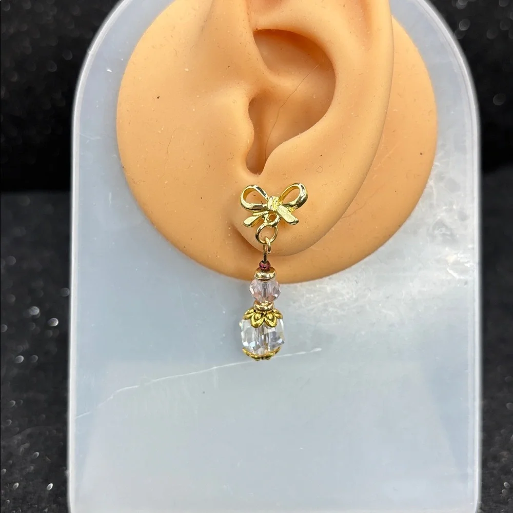 Gold Bow Crystal Drop Earrings - Pink/Clear - Picture 2 of 3